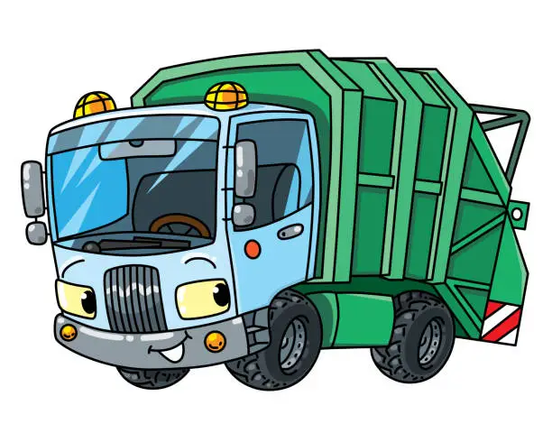 Vector illustration of Funny garbage truck car with eyes. Municipal machinery