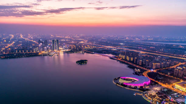 aerial view of suzhou Jinji lake at dusk stock photo