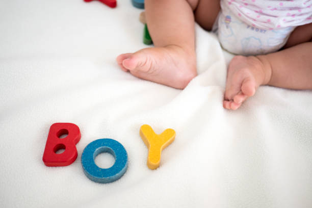 istock boy text wooden word on blanket with blurred kid foot and copy space background 1029304266