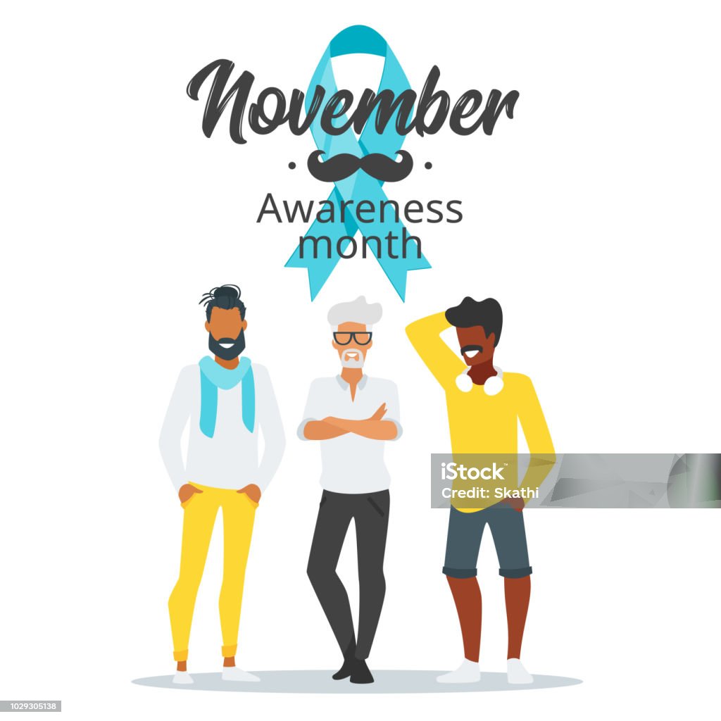 prostate cancer awareness month poster Vector flat style prostate cancer awareness month design poster, banner or card. Concept for annual event with mustaches and beard. Blue ribbon. Silhouettes man characters. November stock vector