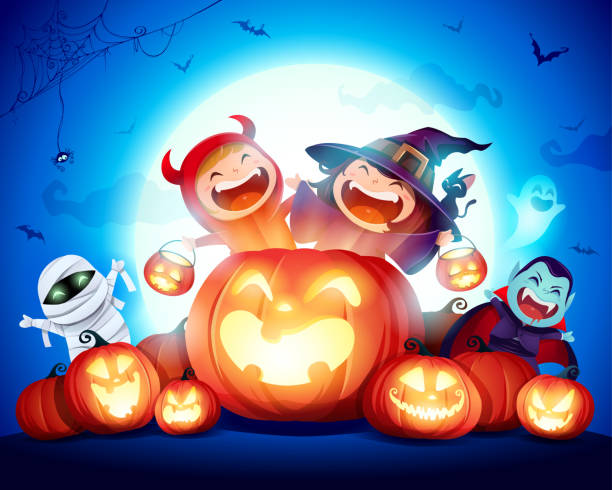 halloween celebration fun party. grupa dzieci w kostiumie halloween gra na plaster dyni. w świetle księżyca. - pumpkin patch stock illustrations