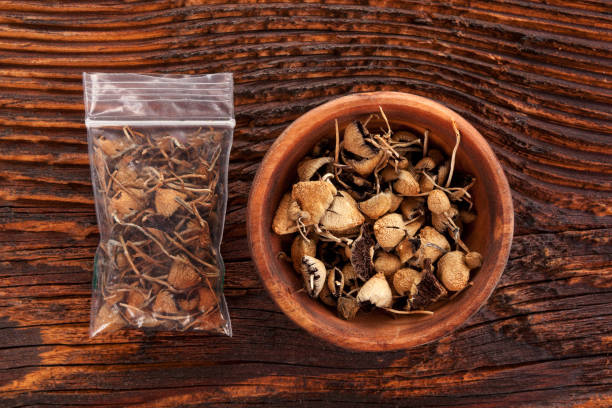 Psilocybin mushrooms on wooden table. Dry psilocybin magic mushrooms in plastic bag and wooden bowl on brown table. Medical alternative remedy. hallucinogen stock pictures, royalty-free photos & images