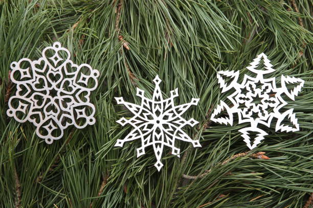 istock Silver snowflake ornaments on green pine branches background. 1029311192