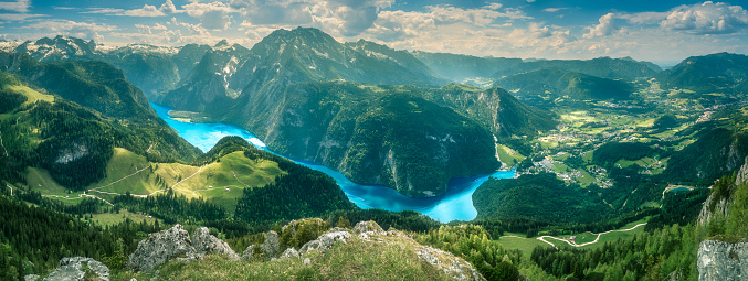 View of the Konigsee lake from Jenner mount in Berchtesgaden National Park, Upper Bavarian Alps, Germany, Europe. Beauty of nature concept background.
