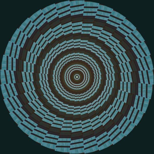 istock Teal, blue, black mandala with geometric spiral pattern on black background. 1029316314