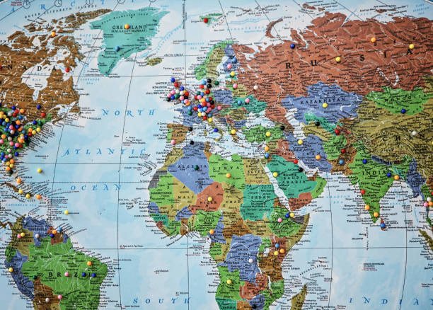 World map with dotted colorful pins