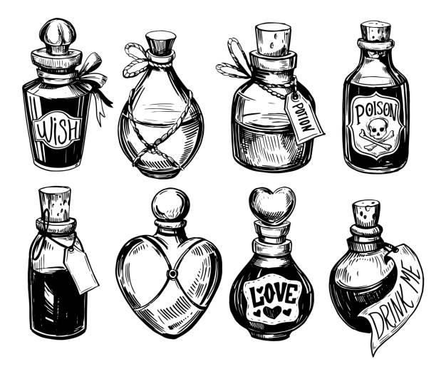 бутылки с зельями. яд и любовное зелье. нарисованная вручную иллюстрация преобразуется в вектор. - toxic substance poisonous organism bottle potion stock illustrations