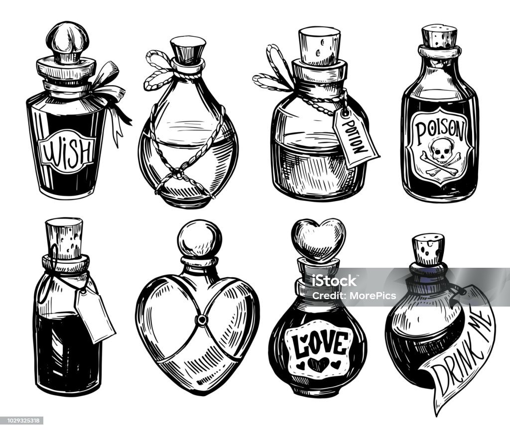 Bottles with potions. Poison and love potion. Hand drawn illustration converted to vector. Potion stock vector