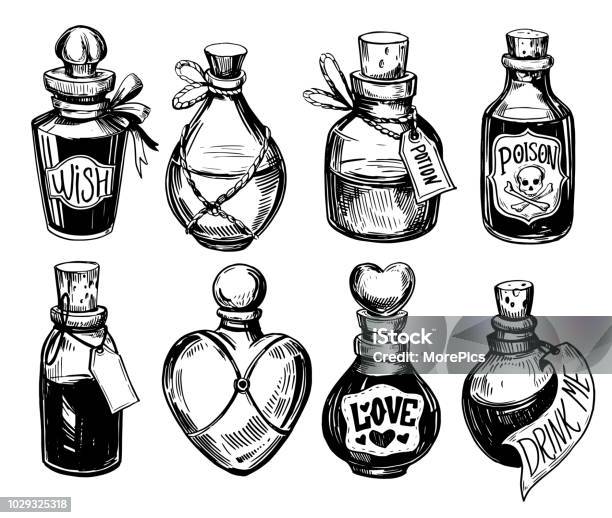 Bottles With Potions Poison And Love Potion Hand Drawn Illustration Converted To Vector Stock Illustration - Download Image Now