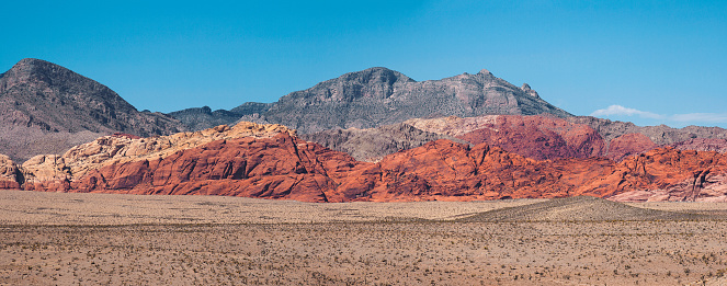 Panoramic view of hills of the Red Rock Canyon on a sunny day of summer, Las Vegas, Nevada, USA.