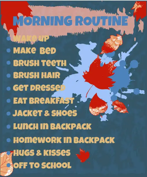 Vector illustration of Pupil's morning routine. Back to school theme. A beautifully designed daily schedule for school-age children, with abstract spots of paint, autumn leaves.