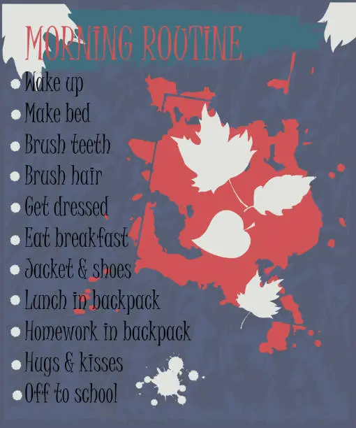 Vector illustration of Pupil's morning routine. Back to school theme. A beautifully designed daily schedule for school-age children, with abstract spots of paint, autumn leaves.