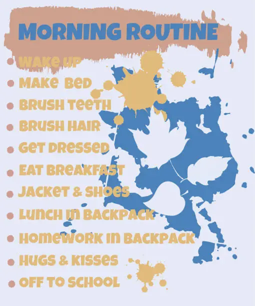 Vector illustration of Pupil's morning routine. Back to school theme. A beautifully designed daily schedule for school-age children, with abstract spots of paint, autumn leaves.