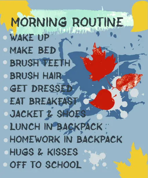 Vector illustration of Pupil's morning routine. Back to school theme. A beautifully designed daily schedule for school-age children, with abstract spots of paint, autumn leaves.