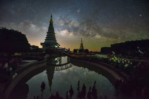 Lucky shooting star comes when taking a photo of Milky Way at Doi Inthanon National Park, Chiang Mai, Thailand