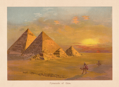 The Pyramids of Giza in Egypt. Chromolithograph after a watercolor by C. Engel, published in 1888.