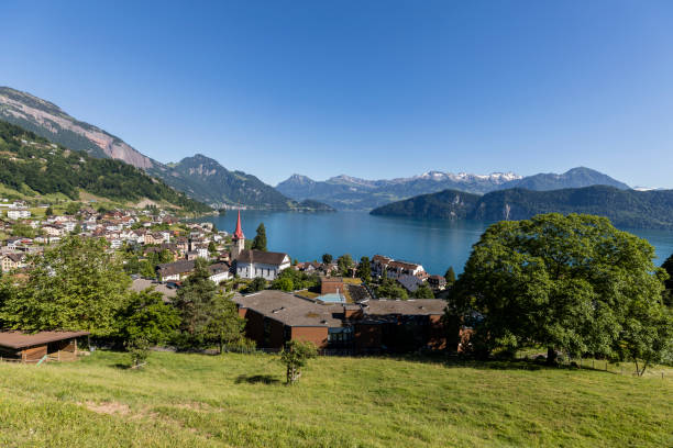 Village Weggis is idyllically situated on Lake Lucerne in Switzerland stock photo