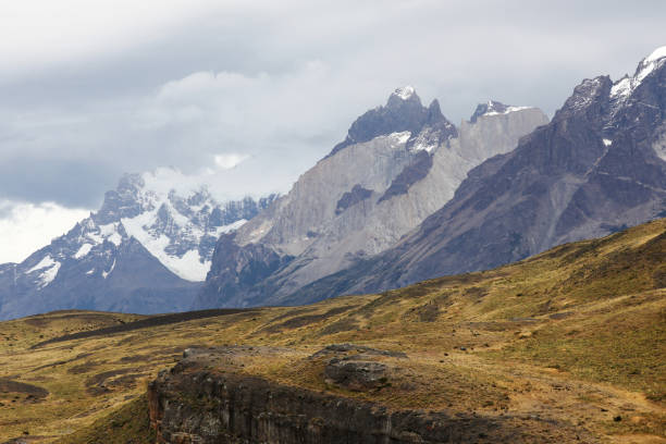 Los Cuernos in Torres del Paine national park in Chile, Patagonia, during a rainy day, South America