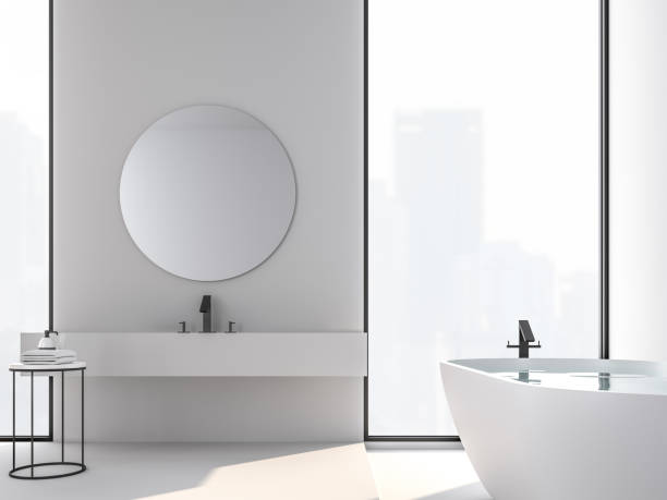 bagno in stile minimale con vista sulla città rendering 3d - round mirror foto e immagini stock