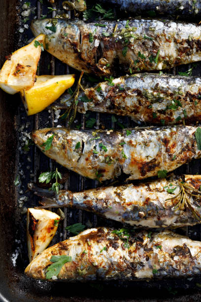 Grilled sardines in a herbal lemon marinade on a grill plate, top view.