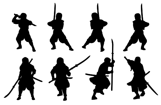 Ninja and samurai-naginata silhouette set