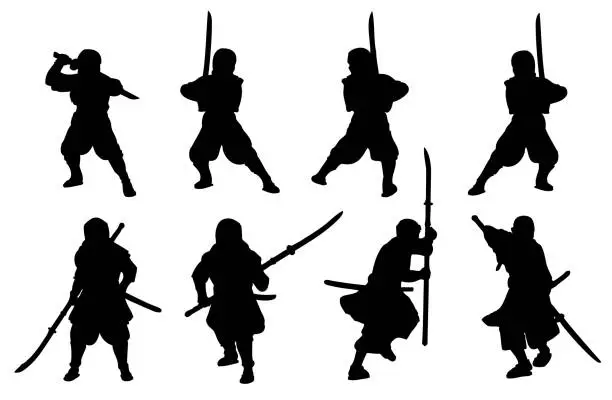 Vector illustration of Ninja and samurai-naginata silhouette set