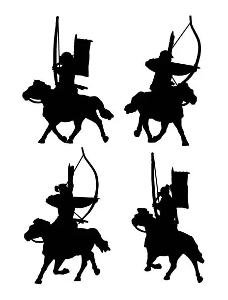 Vector illustration of Mounted samurai archers silhouette set