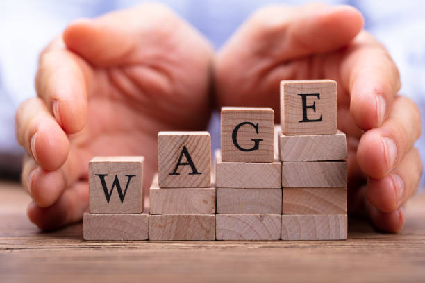 istock Person's Hand Protecting Wage Text On Wooden Blocks 1029428158