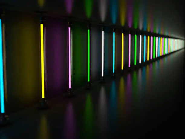 Photo of Lighting light lamp neon tubes glowing in dark room. 3D