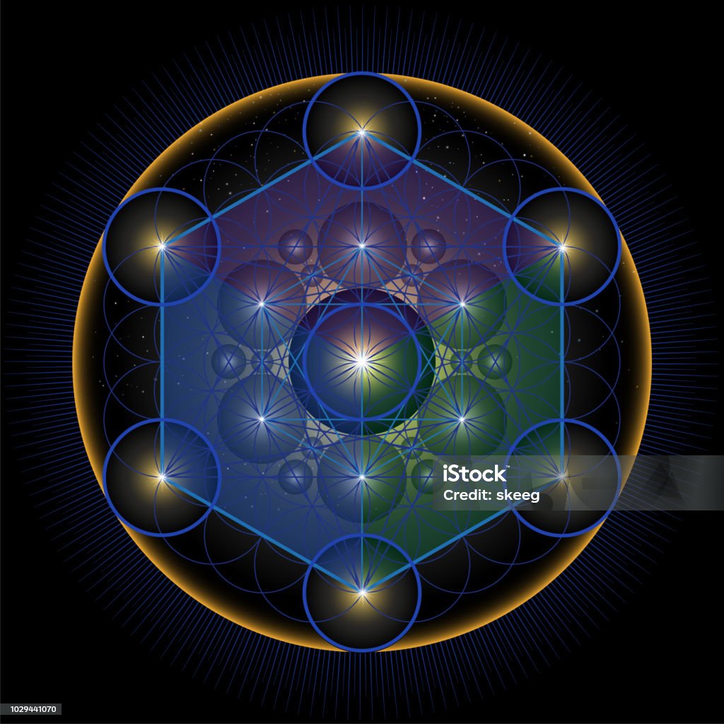 The Merkabah Metatron's Cube An ancient tetrahedron symbol against stars in the Flower of Life system Sacred Geometry stock vector