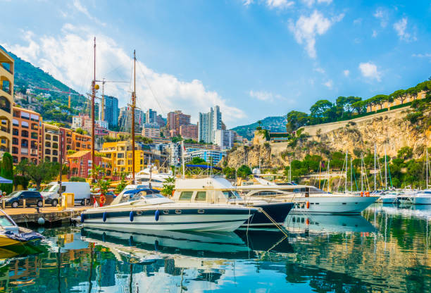 ciudad vieja de mónaco visto desde el puerto de fontvieille - vibrant color summer rock cliff fotografías e imágenes de stock