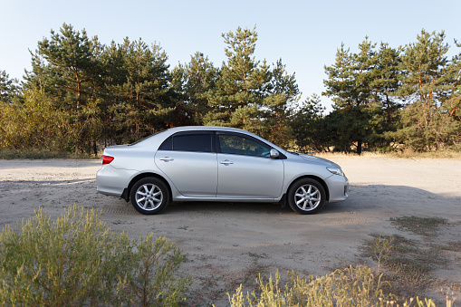 Dnipro, Ukraine - september 01, 2018: Toyota corolla grey color, car parking in the forest, travel stop