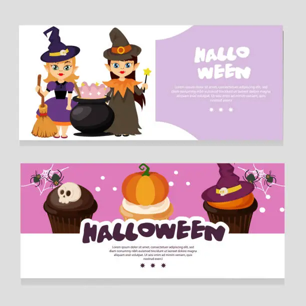 Vector illustration of cute halloween theme banner with magic pot