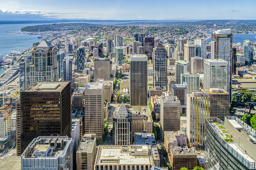 Seattle Skyline. Aerial view of downtown Seattle from the Sky View Observatory Tower, WA, USA.