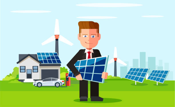 ilustrações de stock, clip art, desenhos animados e ícones de business man of solar power plant and wind farm on background of clean energy powered household - man energy turbine