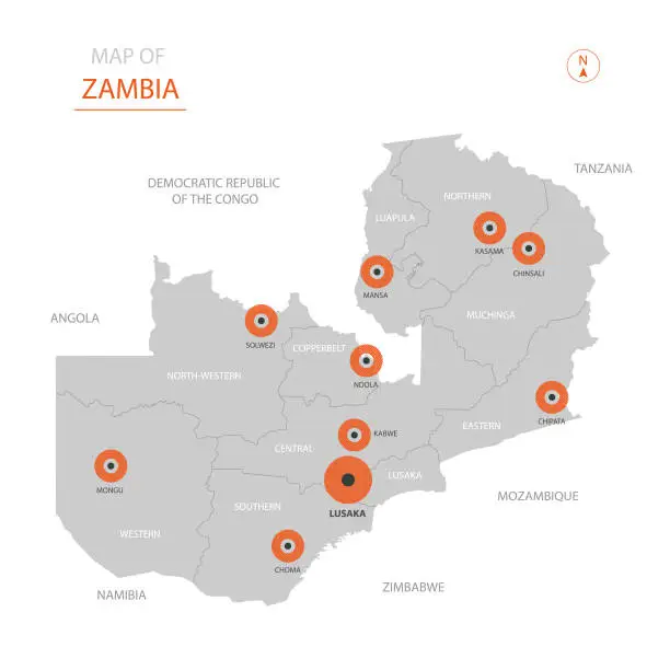 Vector illustration of Zambia map with administrative divisions.