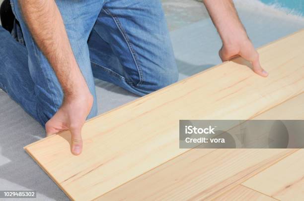 Laying Laminate Stock Photo - Download Image Now - Adult, Blue-collar Worker, Built Structure