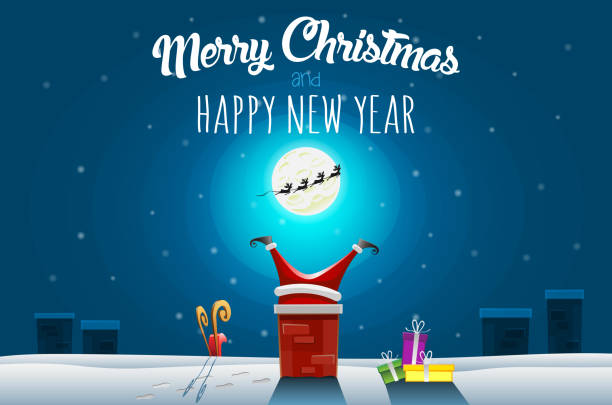 weihnachtsgrußkarte - weihnachtsmann im schornstein über dach bei winternacht stecken - weihnachten lustig stock-grafiken, -clipart, -cartoons und -symbole