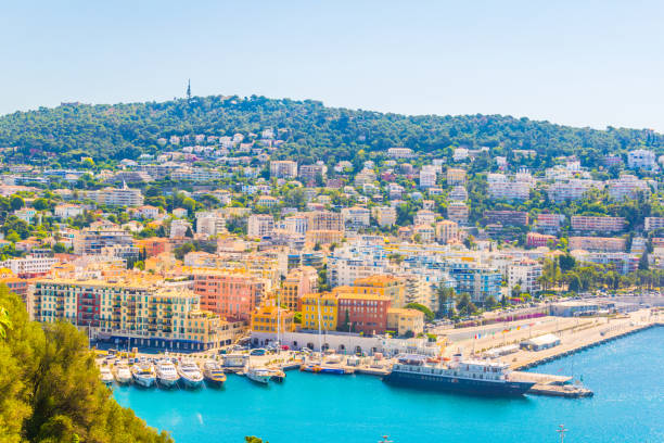 veduta aerea del porto di nizza, francia - city of nice restaurant france french riviera foto e immagini stock