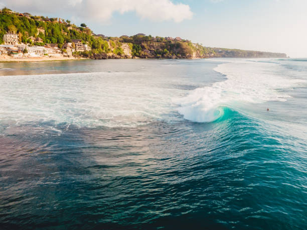istock Aerial view with barrel blue wave in Bali island 1029570636