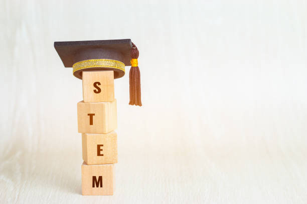 istock Ideas for STEM Education about science, technology, engineering, mathematics word on Graduation celebrating cap with wooden blocks tower, Copy space for text on background 1029571400
