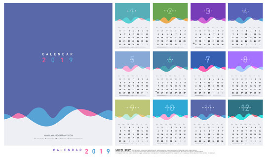 Calendar 2019 Trendy Gradients Wave With Pastel Color Style. Set of 12 pages desk calendar. Vector design printing template