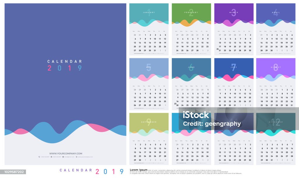 Calendar 2019 Trendy Gradients Wave With Pastel Color Style. Set of 12 pages desk calendar. Vector design printing template Calendar stock vector