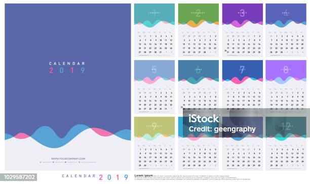 Calendar 2019 Trendy Gradients Wave With Pastel Color Style Set Of 12 Pages Desk Calendar Vector Design Printing Template Stock Illustration - Download Image Now