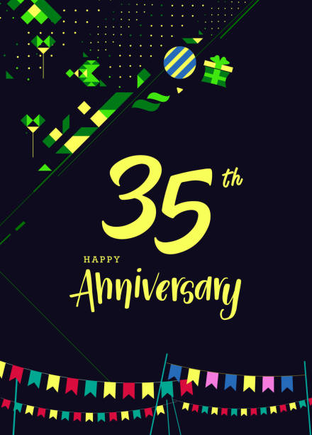 istock 35th Happy Anniversary lettering text banner, dark color with geometric background 1029594098