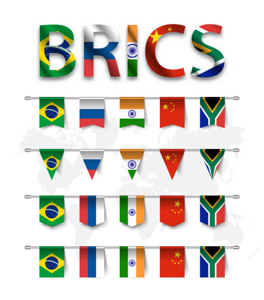 BRICS . association of 5 countries ( brazil . russia . india . china . south africa ) . and various shape nation flag of country membership hanged on pole and world map background . Vector BRICS . association of 5 countries ( brazil . russia . india . china . south africa ) . and various shape nation flag of country membership hanged on pole and world map background . Vector . brics stock illustrations
