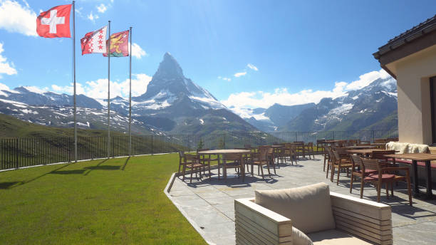 istock Empty Restaurant Tables and Chairs On Top Of Mountain With Beautiful View 1029619156