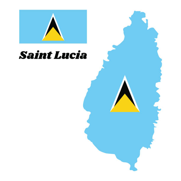 Map outline and flag of Saint Lucia. A light blue field with the small golden triangle behind the large white-edged black isosceles triangle in center. Map outline and flag of Saint Lucia. A light blue field with the small golden triangle behind the large white-edged black isosceles triangle in center. with name text Saint Lucia. isosceles triangle stock illustrations