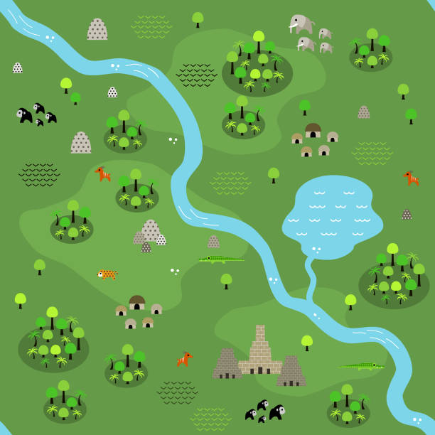 Seamless Jungle Map Pattern (Variant C) Seamless jungle map pattern in a very simple flat style, complete with its animals, plants, and local settlement. This variant (Variant C) is combinable with map in the same series. antelope bongo stock illustrations