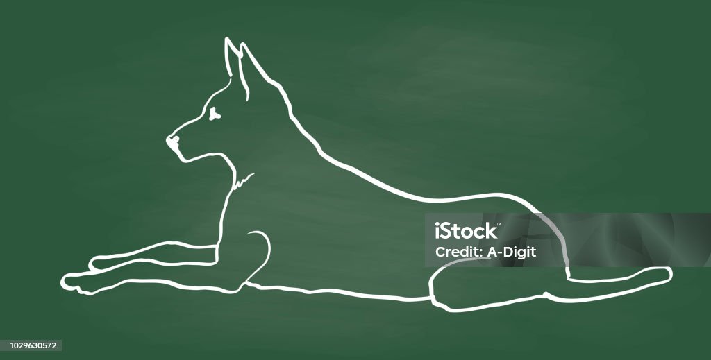 Good Boy Dog Laying Down dog lying down on chalkboard background illustration German Shepherd stock vector